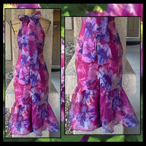 Lulus Magenta Floral Organza Tie Bow Back Trumpet Midi Dress Size Small - Picture 5 of 10